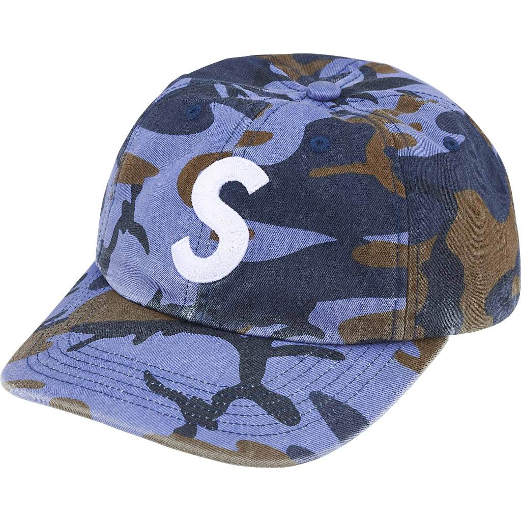 SS25 Supreme Pigment Coated S Logo 6-Panel Blue Camo / Stone / Red