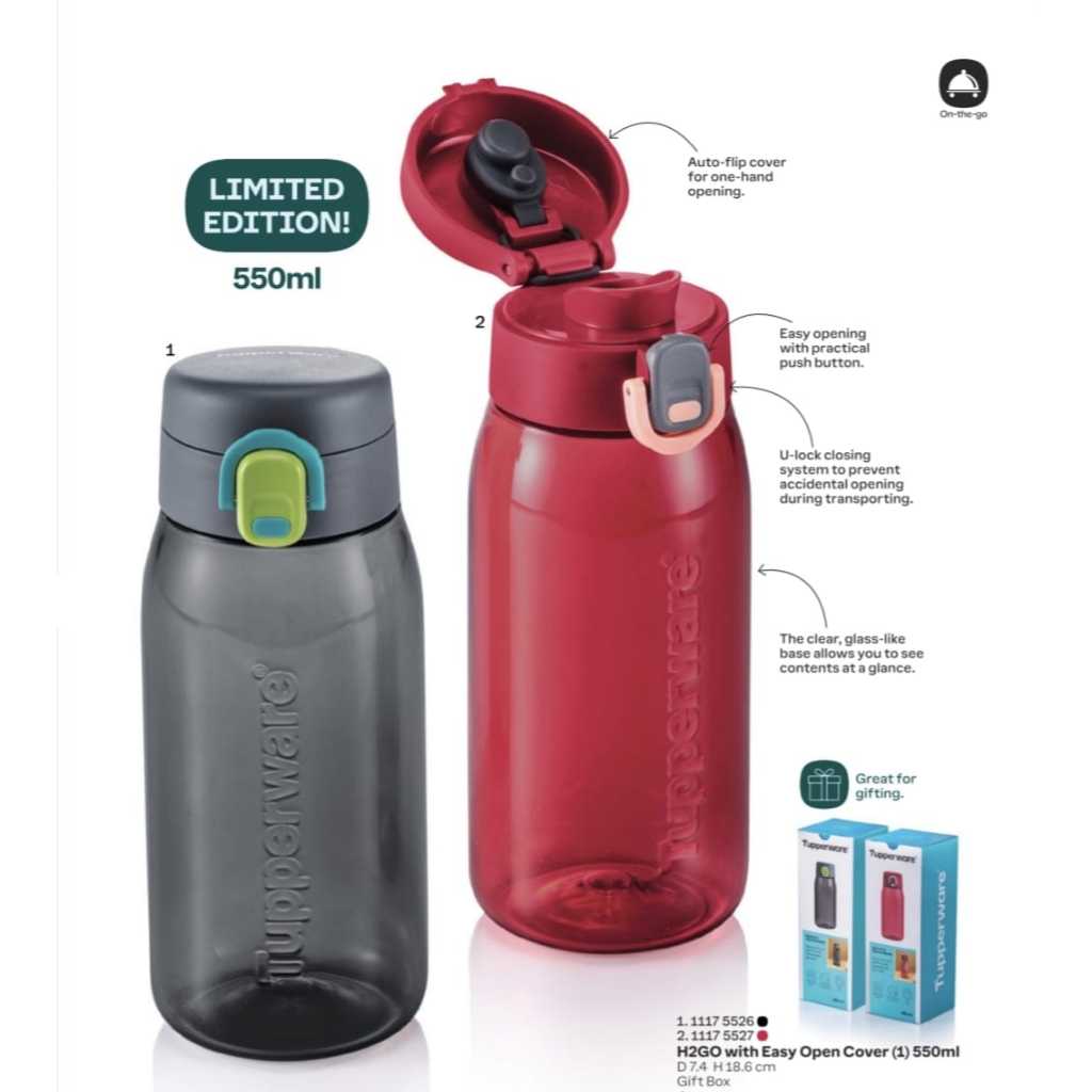 Tupperware H2Go with Easy Open Cover 550mls (Black/Red) | Shopee Singapore
