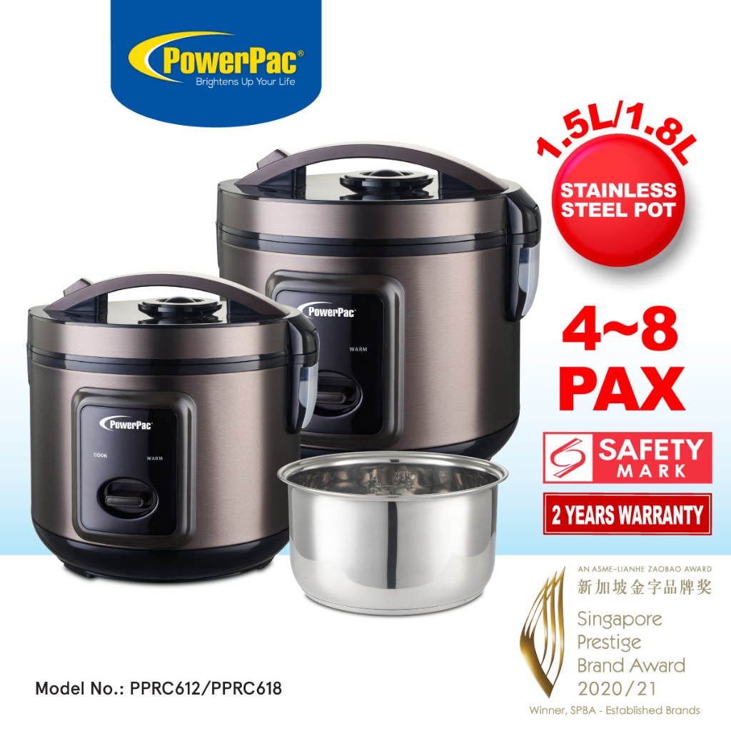 PowerPac Rice Cooker 1.5L 1.8L with Steamer Stainless Steel Inner Pot PPRC612 PPRC618 Shopee Singapore