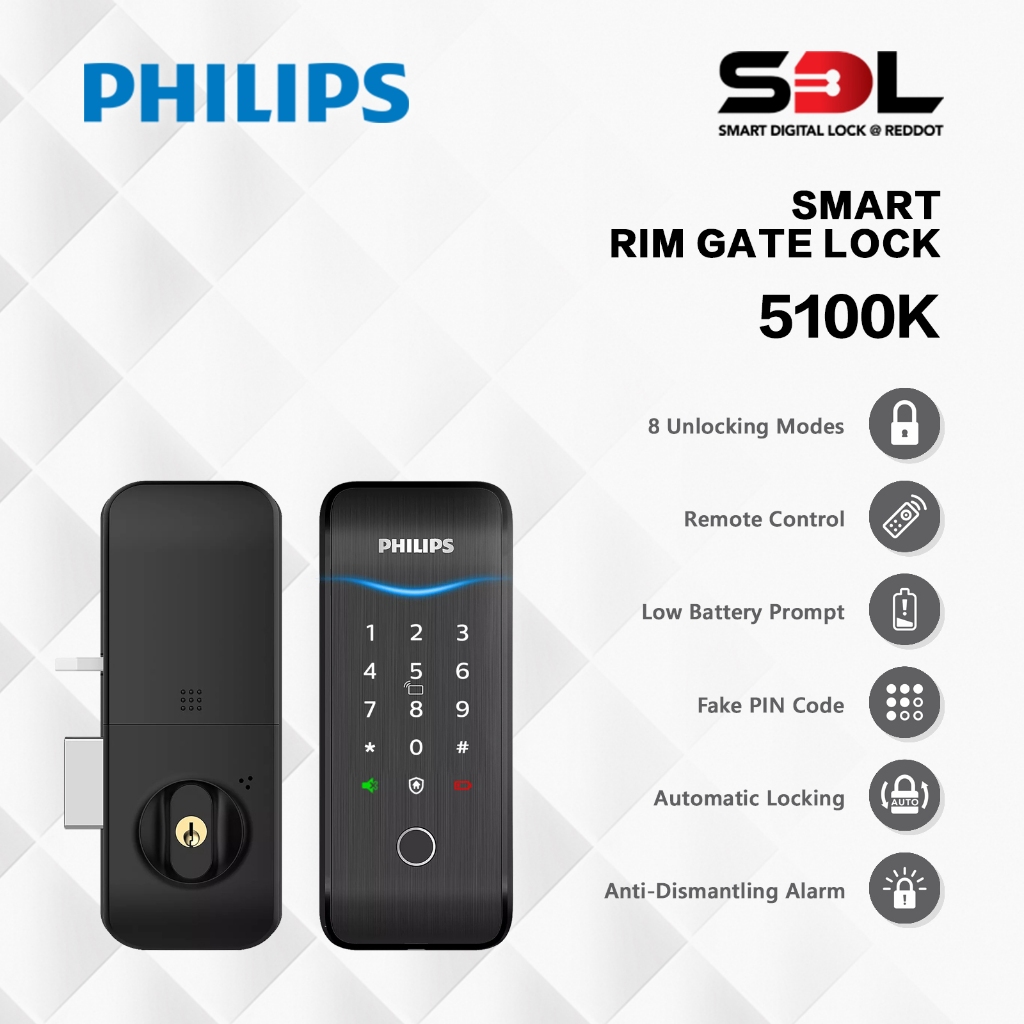 Philips 5100K Digital Gate Lock, Finger Print, Password, Card, Remote ...