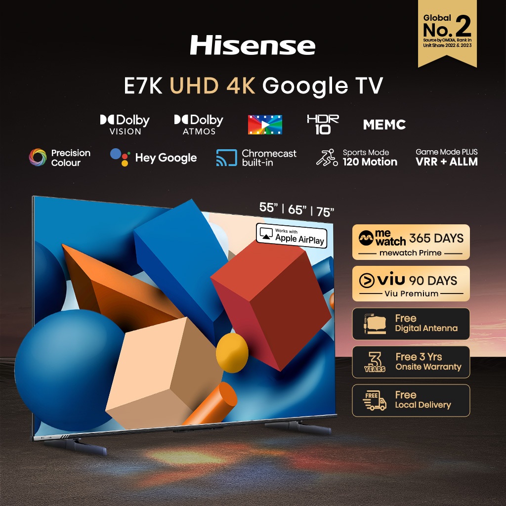 Hisense E7K 43/55/65/75 inch 4K UHD Google TV Dolby Vision + Atmos