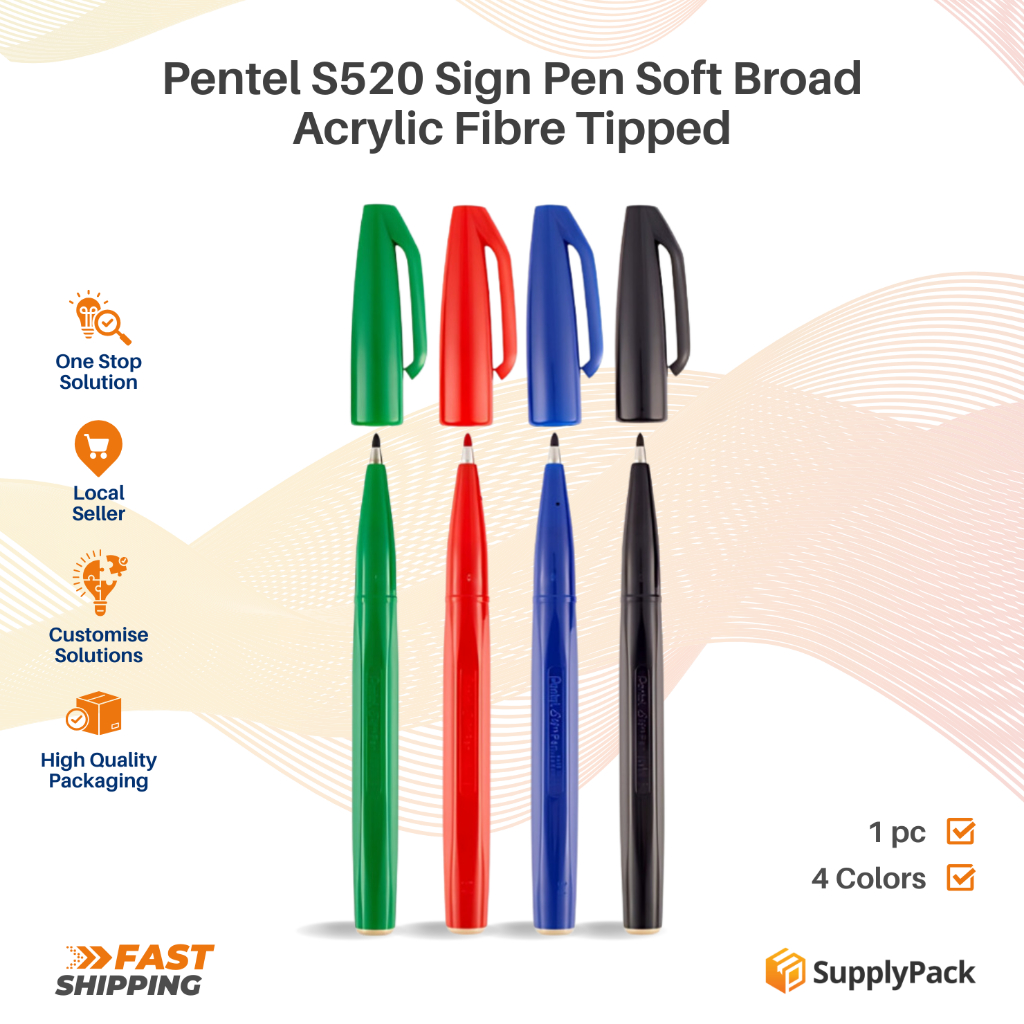 Pentel S520 Sign Pen Black Blue Red Green Soft Broad Acrylic Fibre ...