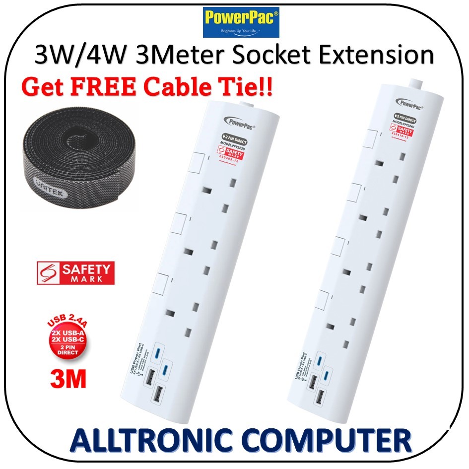 Powerpac 3W / 4W Socket Extension 3Meter Long Cable with 2.4A 2xUSB-A ...