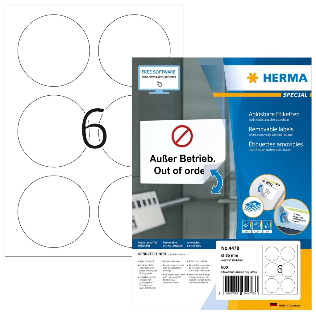 Herma Round Removeable Sticker Label A4 85mm 4478 (100sheets/box ...