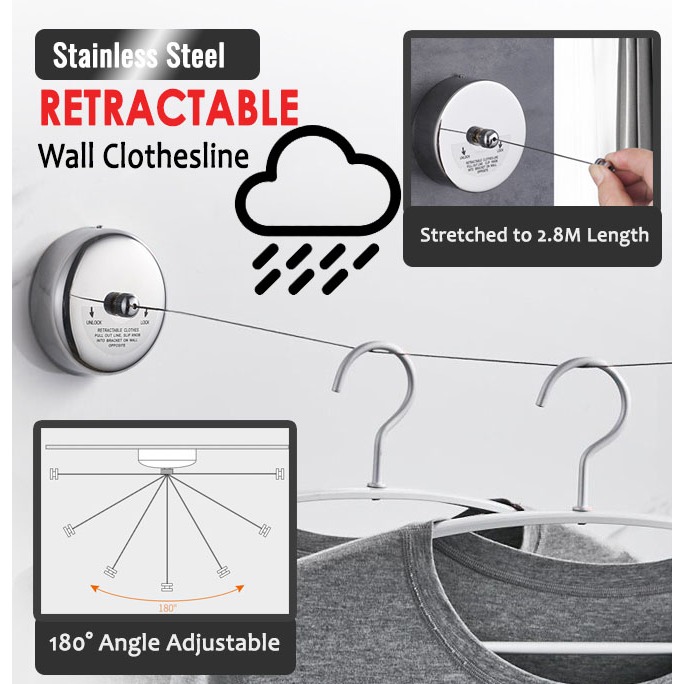 🇸🇬 (304 Stainless Steel) Retractable Stainless Steel Wall Clothesline ...
