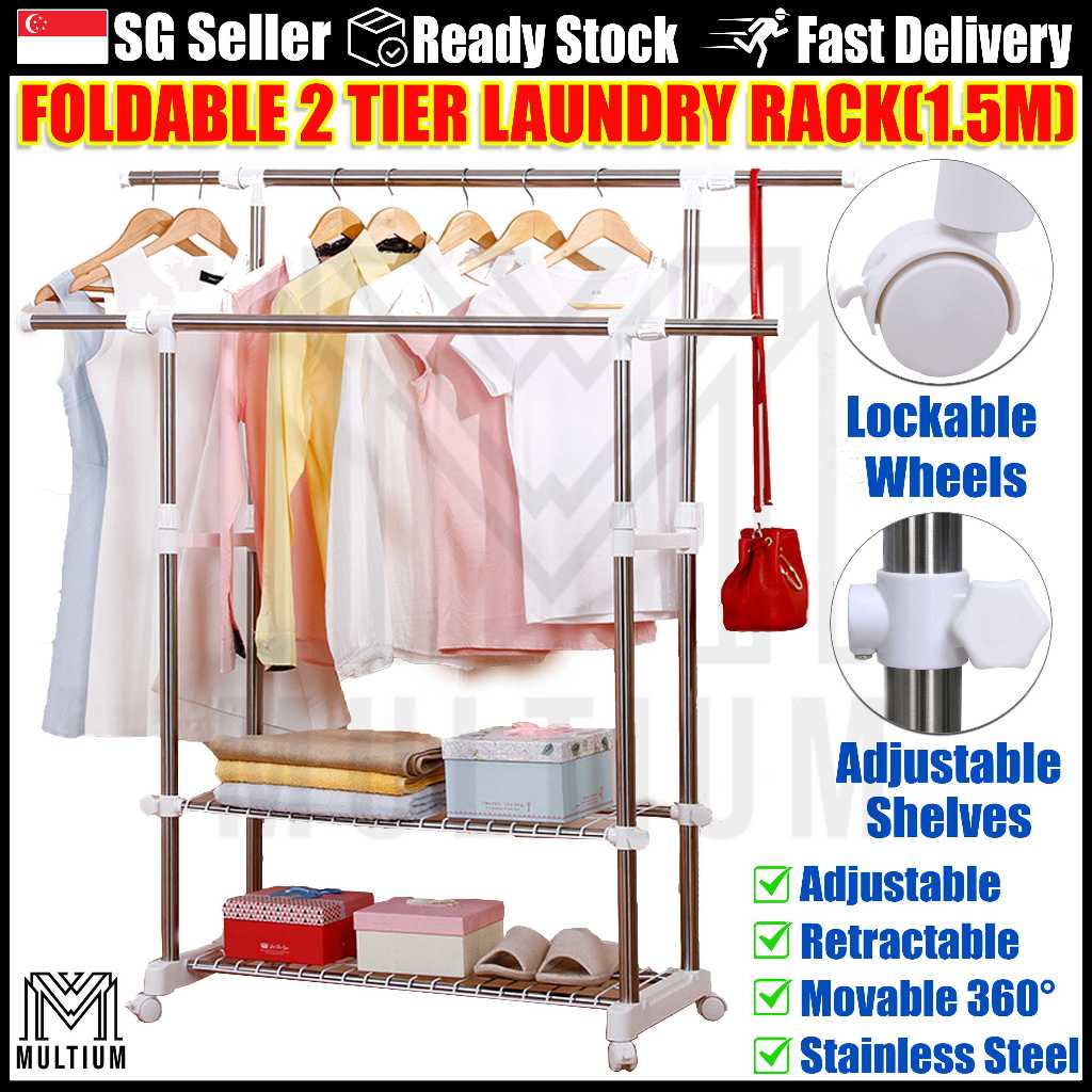 Foldable 1.5m 2 Poles 2 tier Laundry Rack Foldable Clothes Drying Rack ...