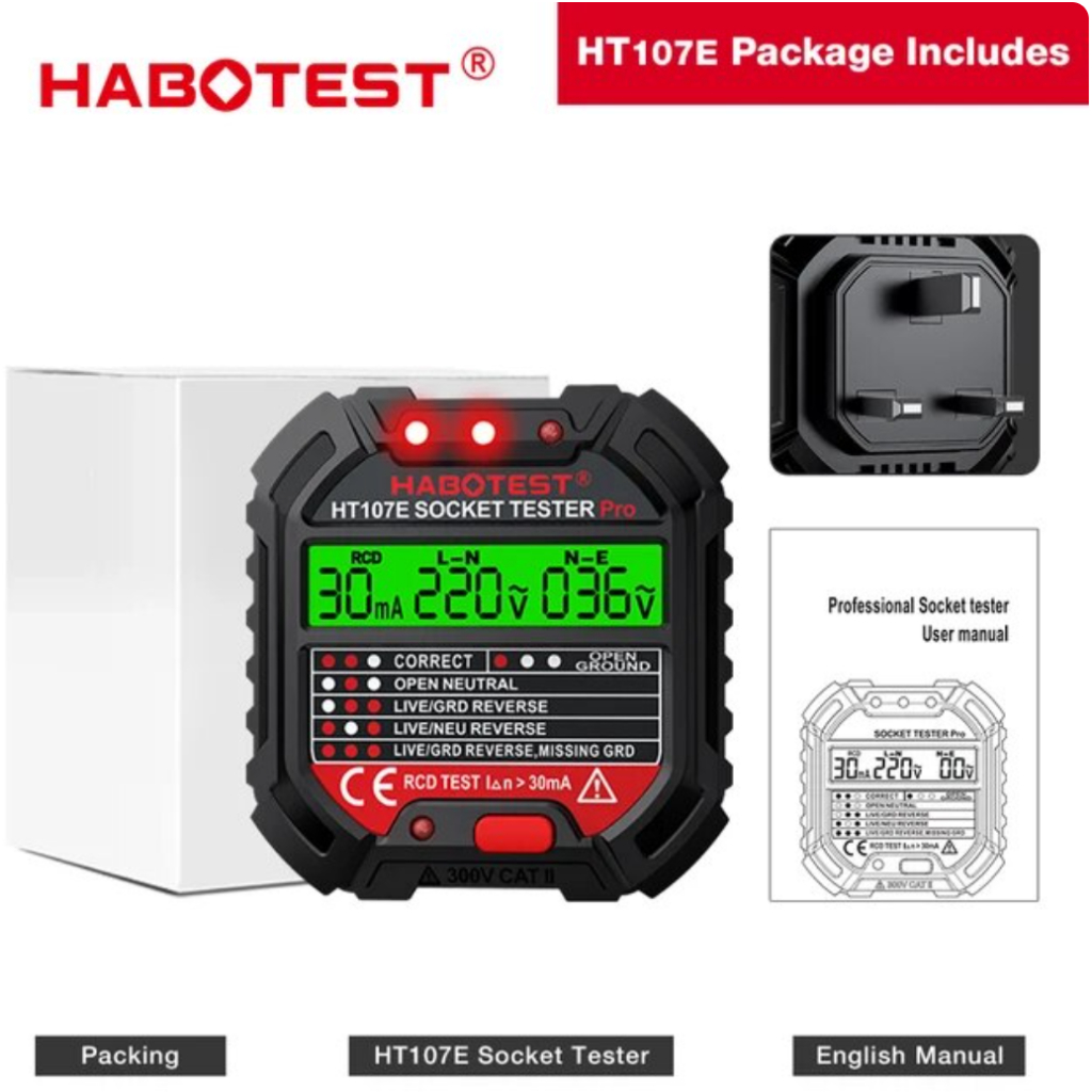 HABOTEST HT107E Pro Socket Tester Voltage Display 48-250V Power Socket ...