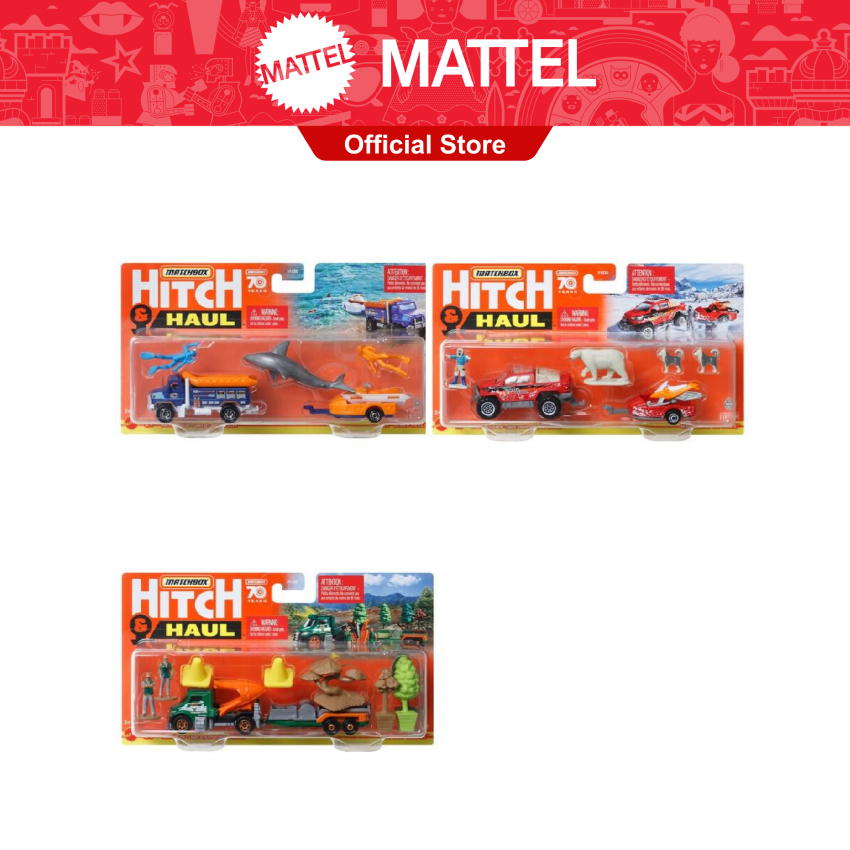 Matchbox Hitch N’ Haul Themed Story Pack With 1:64 Scale Vehicle & Trailer  Plus 4 Accessories (6 Pieces Total) -Assorted