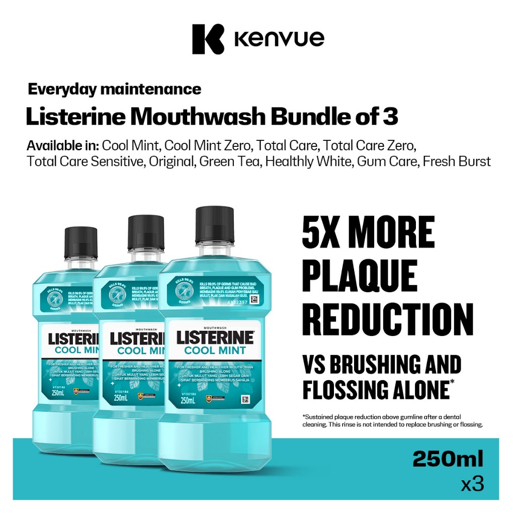 [Bundle of 3] Listerine Antiseptic Mouthwash 250ml with 4 Essential