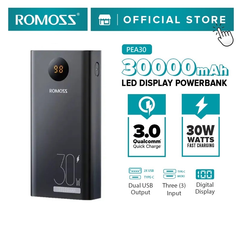 ROMOSS 30000mAh Power Bank PEA30, PD 30W USB C Two-way Fast Charging ...