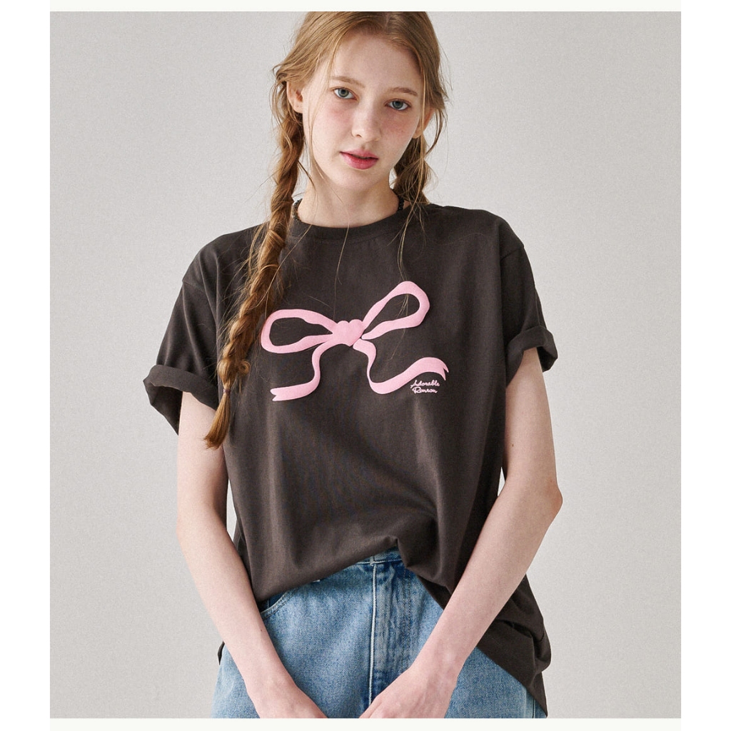 Tシャツ・カットソー RONRON EMBO HEART RIBBON BASIC FIT LONG SLEEVE CHARCOAL EMBO HEART RIBBON BASIC FIT LONG SLEEVE CHARCOAL - RONRON 론론