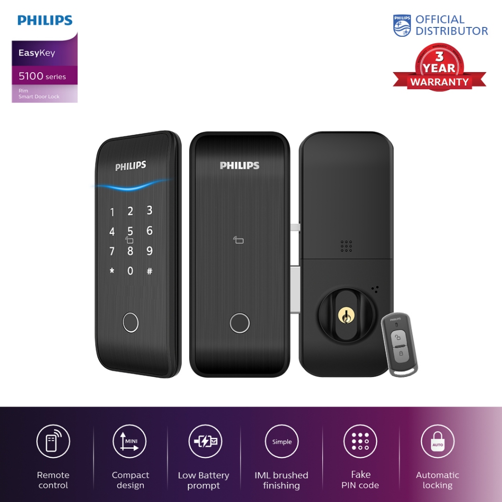 [Official Distributor] Philips EasyKey 5100K Rim Smart Gate Lock (3 ...