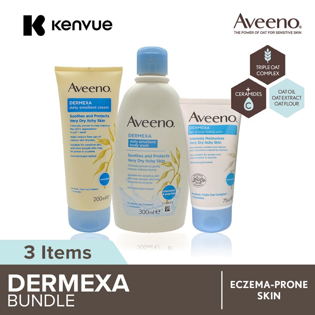 [Bundle of 3] Aveeno Dermexa Wash 300ml x1, Balm 75ml x1 and Cream ...