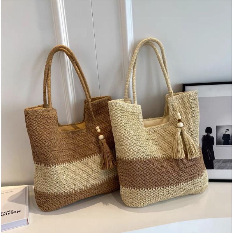 Women rattan bag beach bag wicker handbag semicircle moon bag straw rattan bag beach totes casual bag Shopee Singapore