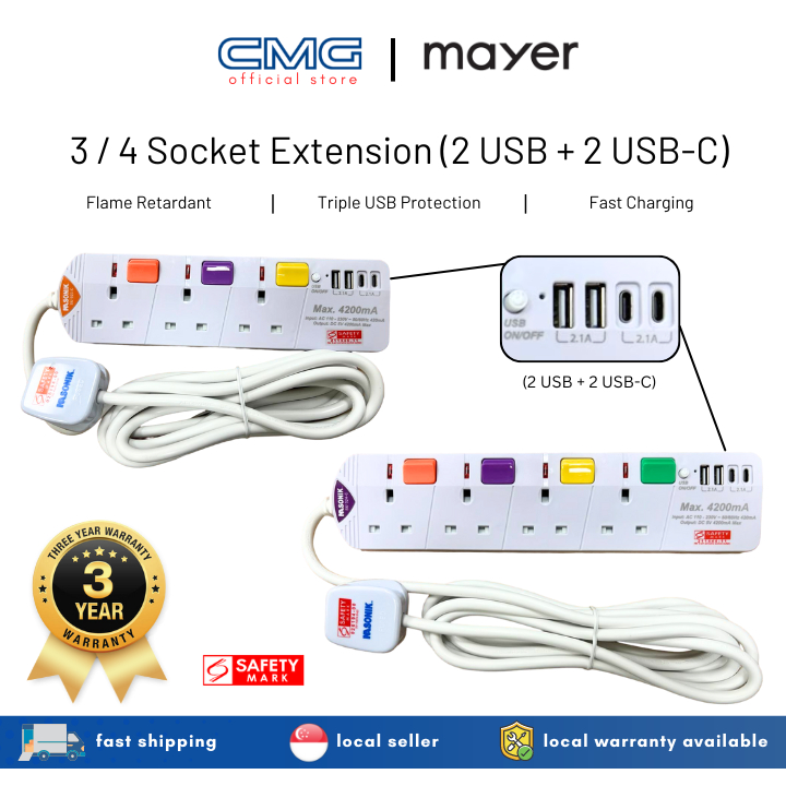 Nasonik USB Extension Socket (3 Gang/ 4 Gang) with 2 USB-A & 2 USB-C ...