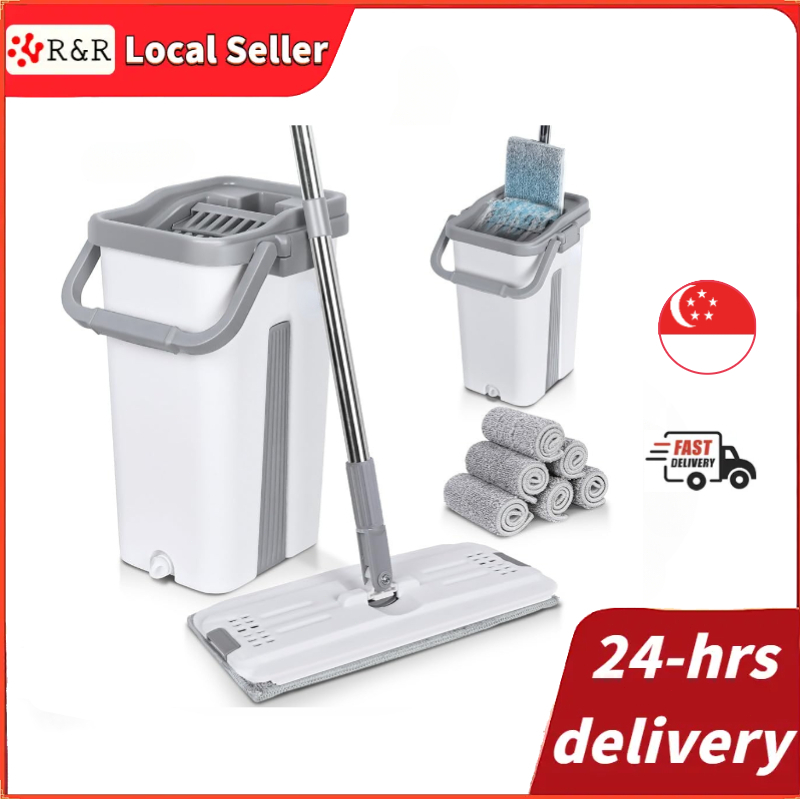 Mop Bucket Wet Dry Rinse Wash 360 Rotating Squeeze Flat Floor Cleaner with Pads