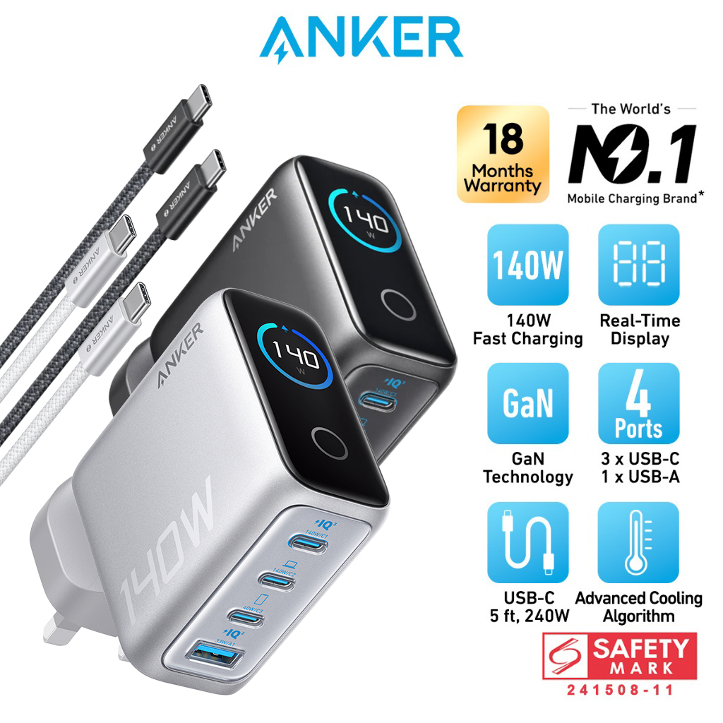 Anker Charger 140W, 4-Port, PD 3.1 with USB-C Cable Fast Charging