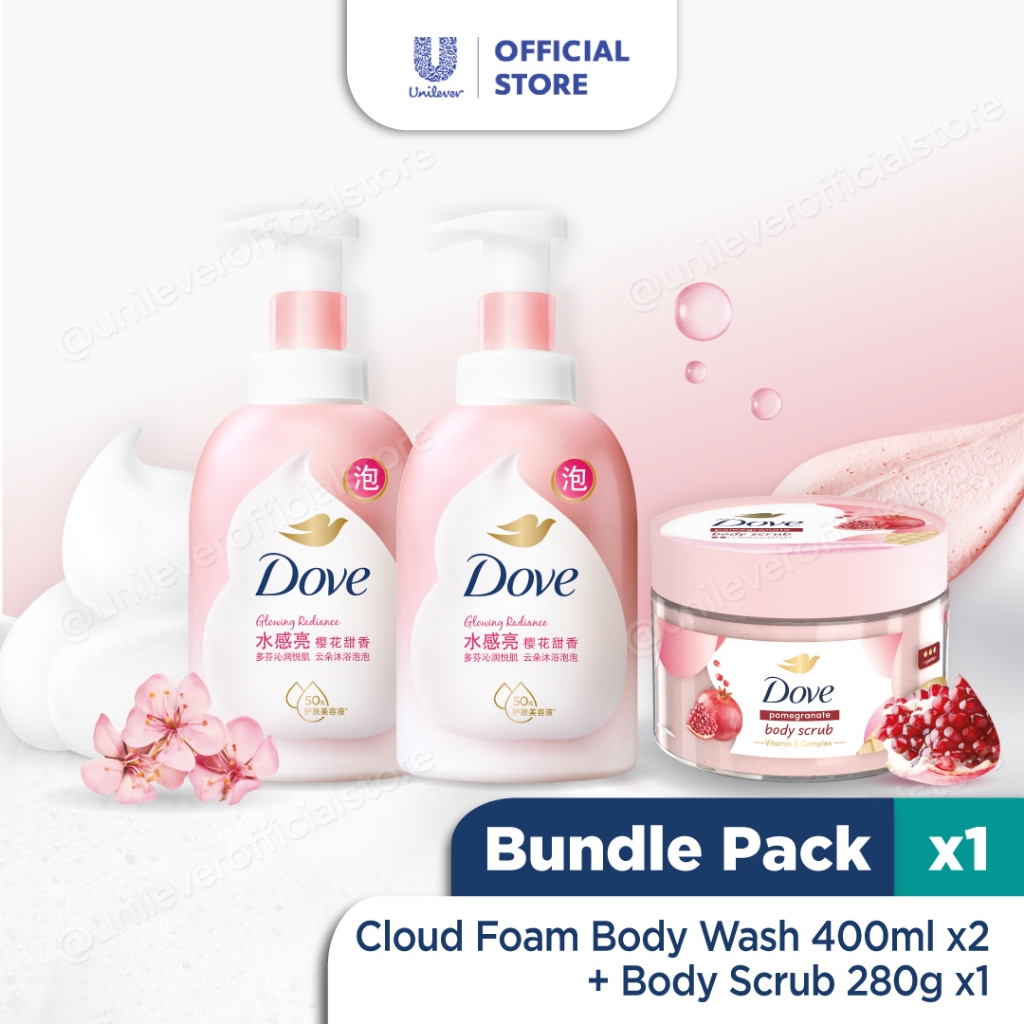 Dove Self Foaming Cloud Foam Body Wash 400ml X2 And Dove Ice Cream Body