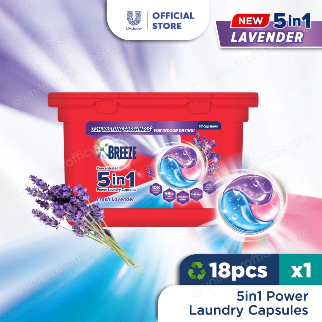 Breeze Fresh Lavender 5-in-1 Power Laundry Capsules 18's | Shopee Singapore