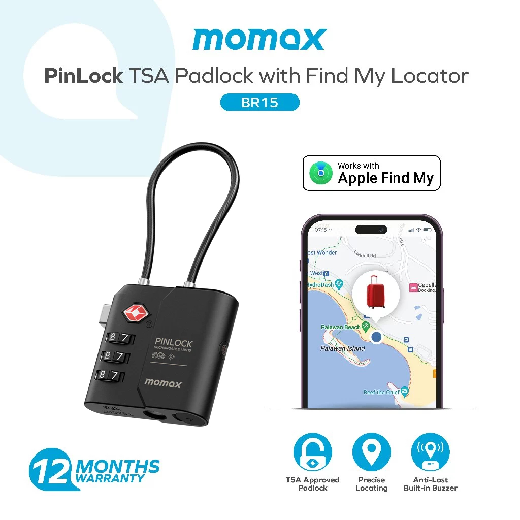 Momax BR15 PinLock TSA Padlock with Find My Locator | Shopee Singapore