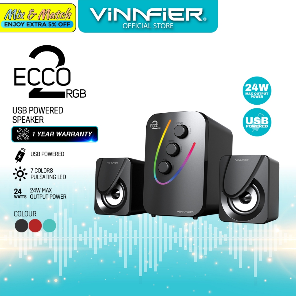 Vinnfier ECCO 2 RGB Speaker 2.0 System RGB Pulsating LED Lights USB ...