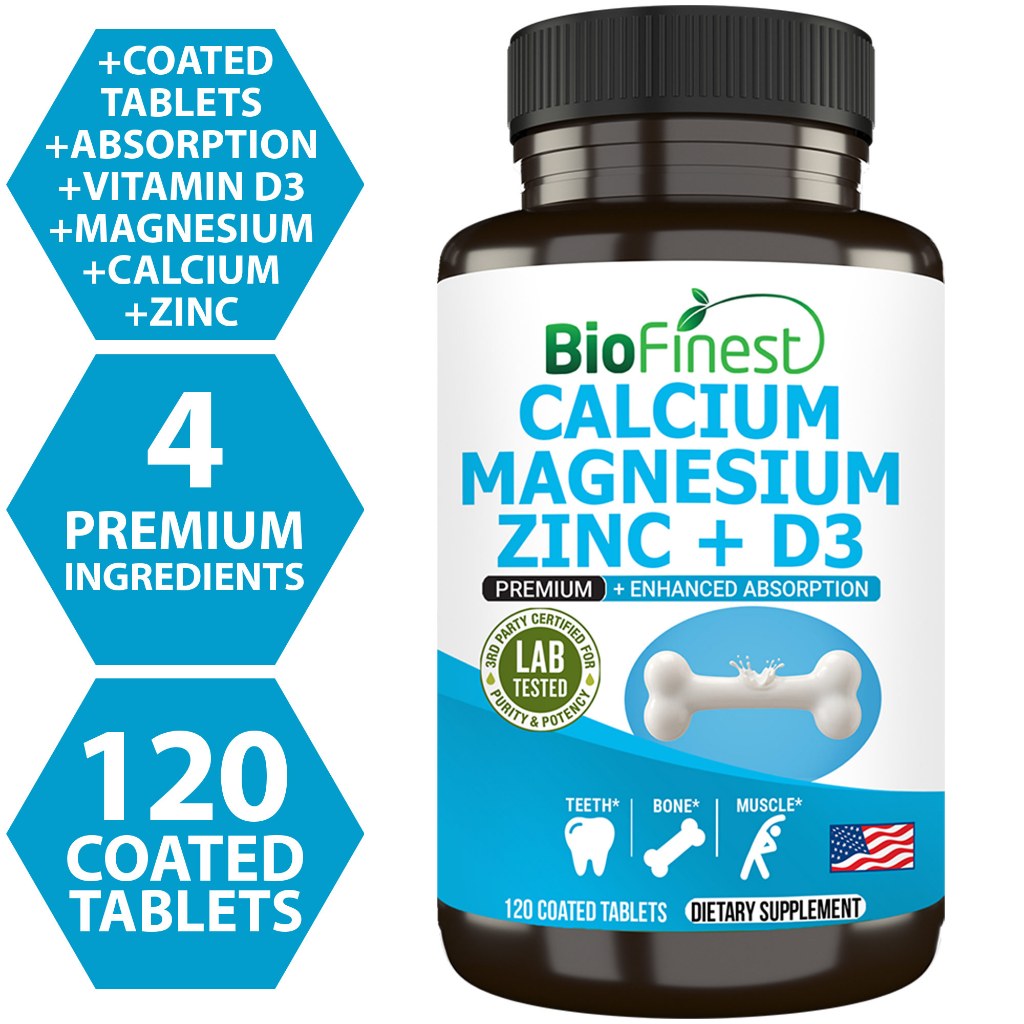 Biofinest Calcium Magnesium Zinc Vitamin D3 Supplement - Enhanced Absorption - Bone Teeth Muscle (120 Coated Tablets)