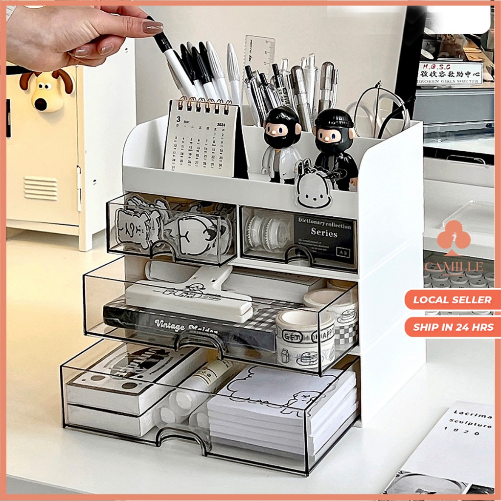 Desk Organiser Stackable Drawer Storage Box with Pen Holder 3-Tier In ...