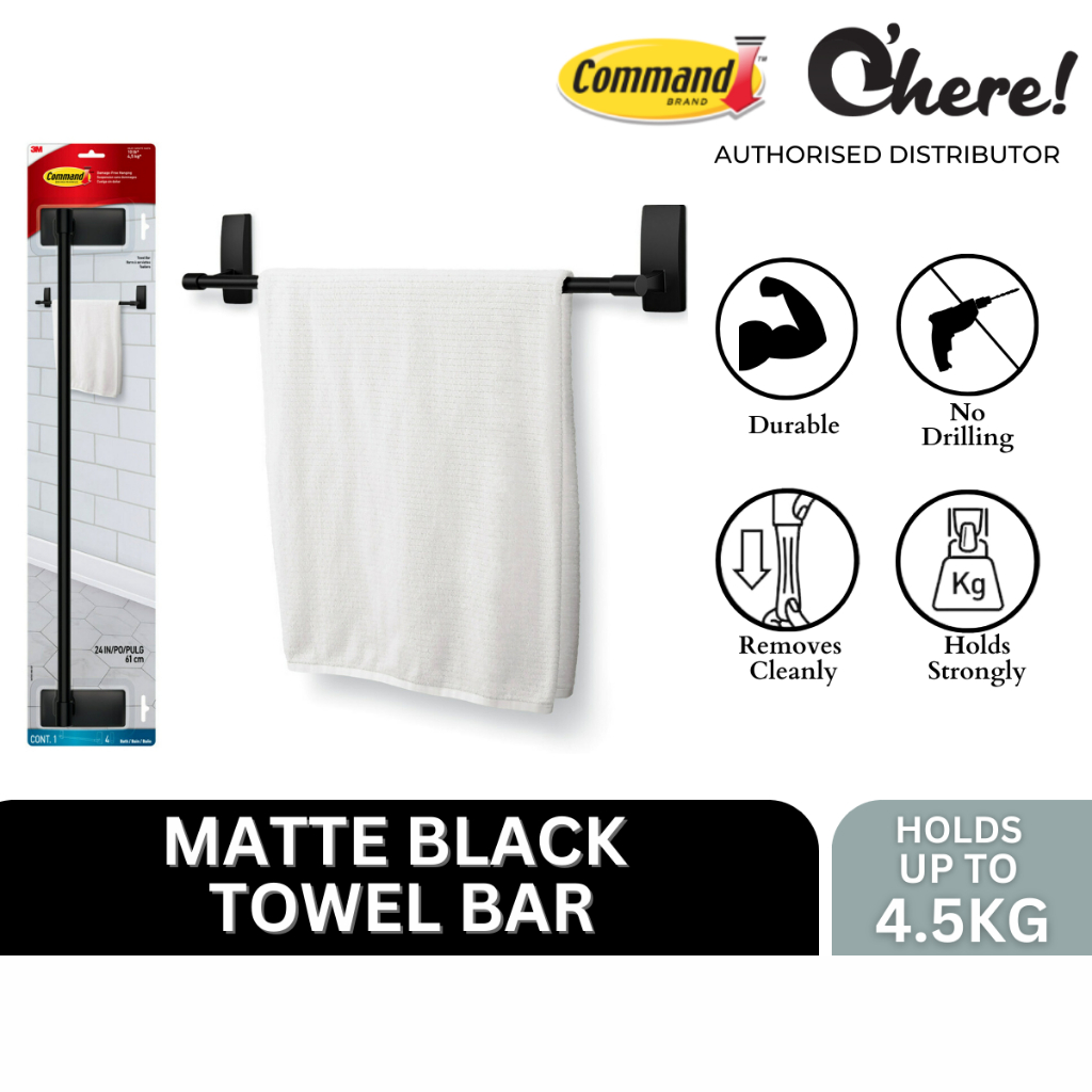 3M Command Bathroom Matte Black Towel Bar, Large Strips Shopee