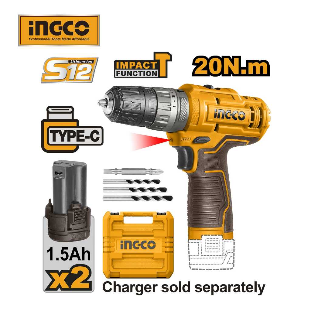 INGCO 12V Cordless Variable Speed Impact Drill With 2 Pcs Battery 3 Pcs Masonry Drill Bits CIDLI12202 Shopee Singapore