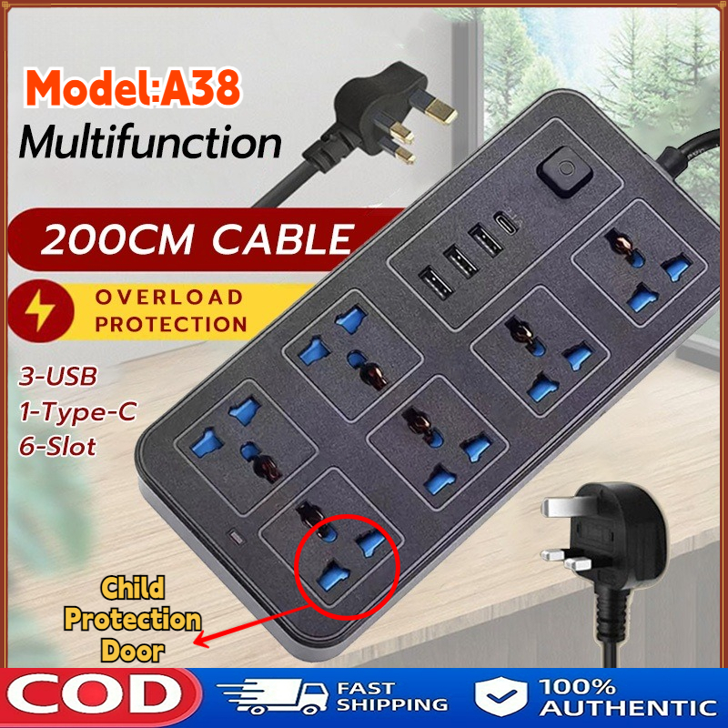 [SGSTOCK] Extension Electric socket 6 Power Socket 2M Extension wire 3 ...