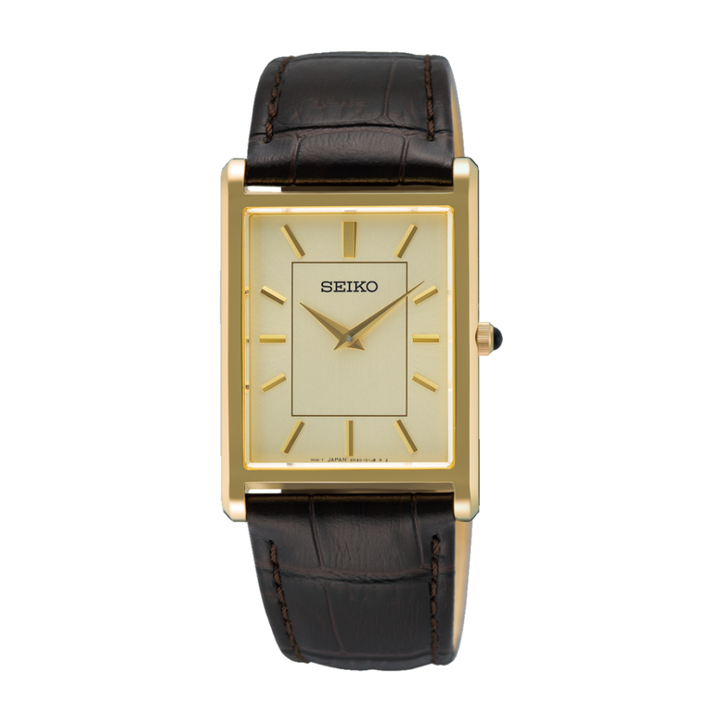 Seiko SWR106 Quartz Sapphire Rectangular Champagne Gold Dial Brown ...