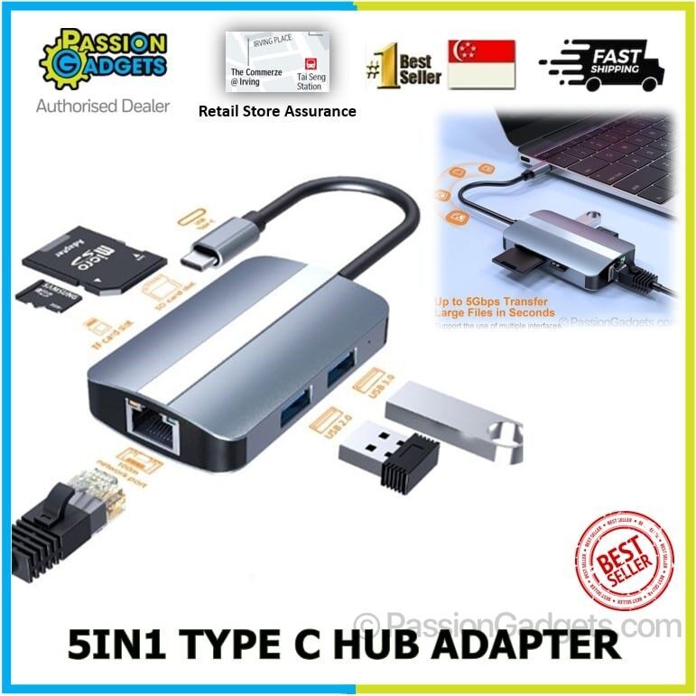 5in1 Type-C Hub Converter Adaptor to USB 3.0 for Laptop Computer PC ...