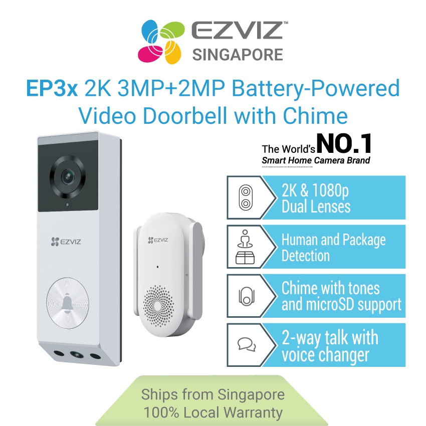 EZVIZ EP3x 2K 3MP+2MP Battery-Powered Video Doorbell with Chime ...