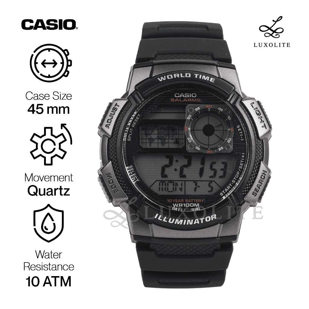 Luxolite Casio Digital AE 1000W 1BVDF World Time Illuminator Black Digital Sports Men Watch AE 1000W 1B