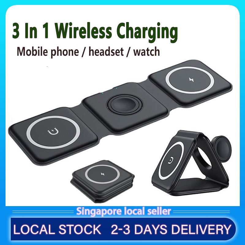 3 In 1 Magnetic Wireless Charger Pad Stand Foldable 15W Fast Charging ...