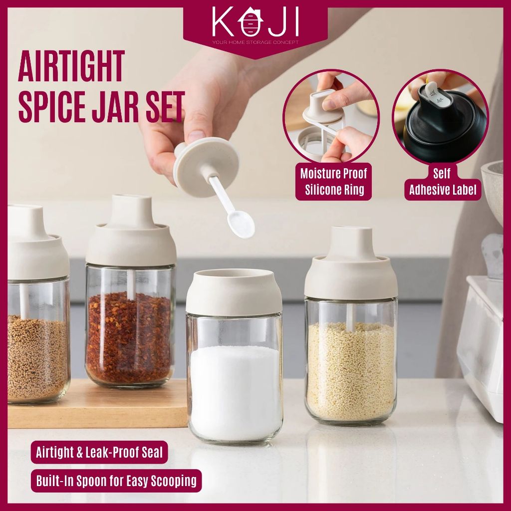Airtight Spice Jar Glass Set with Lids & Spoons Condiment Containers ...