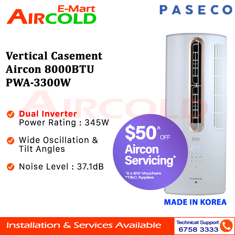 Paseco Vertical Casement Aircon 8000BTU PWA-3300W | Shopee Singapore