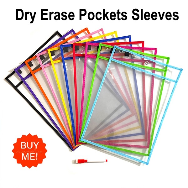 Dry Erase Pockets, 35 x 25cm Reusable Write and Wipe Clean Pockets ...
