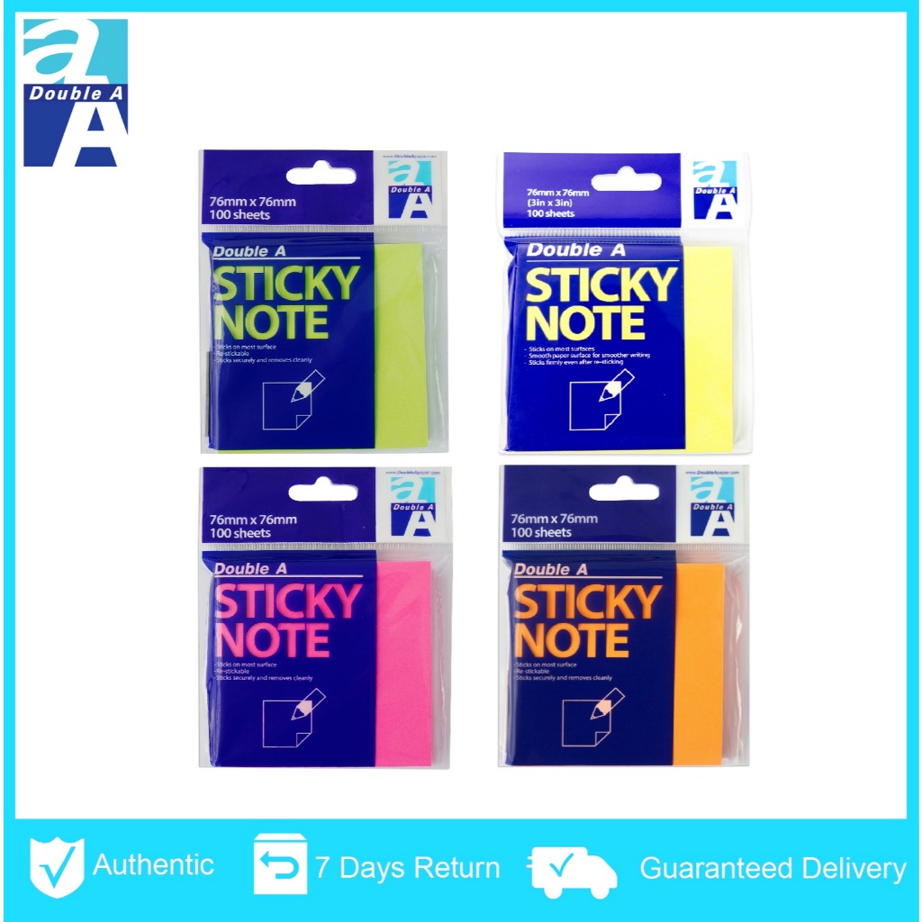 Double A Sticky Note 76 mm x76mm, Neon Colour (4pcs Value Pack ...