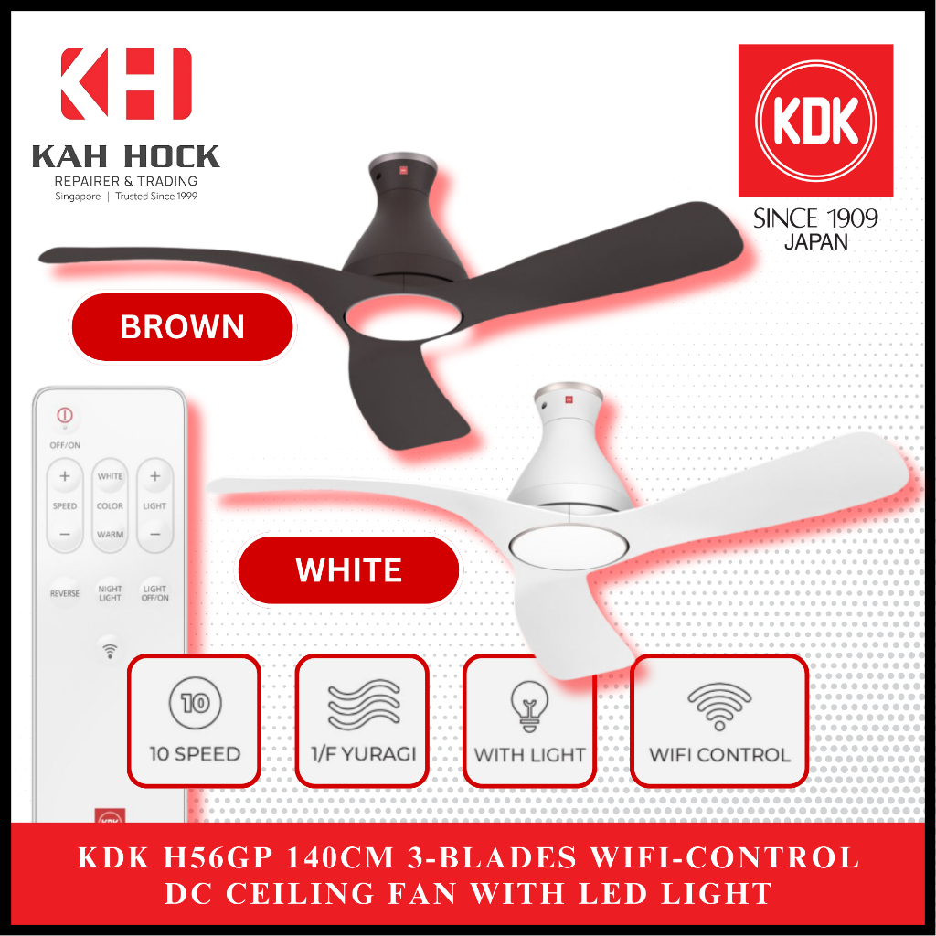 KDK H56GP 140CM 3-BLADES WIFI-CONTROL DC CEILING FAN WITH LED LIGHT + 2 ...