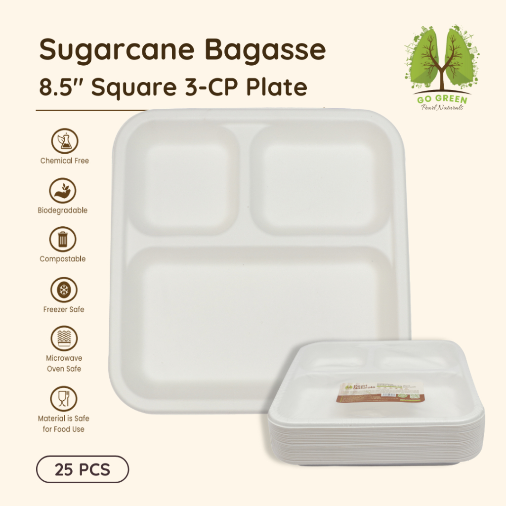 Disposable Sugarcane White Bagasse 8.5" Square 3-Compartment Plate Pack ...