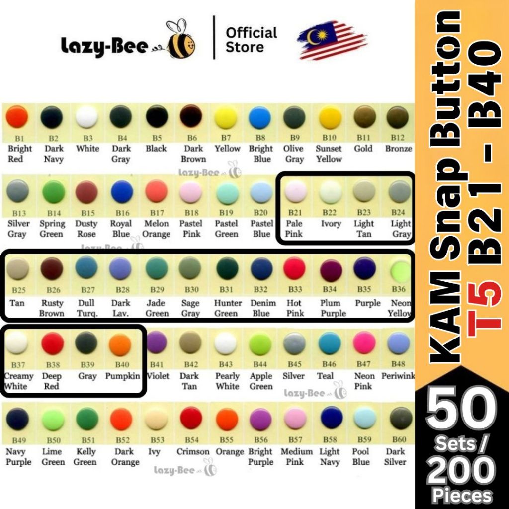 LAZY BEE B21 - B40 50 Sets 200 pieces T3 T5 T8 KAM Snap Button Plastic ...