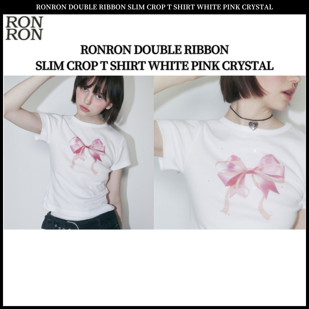 RONRON DOUBLE RIBBON SLIM CROP T SHIRT WHITE PINK CRYSTAL