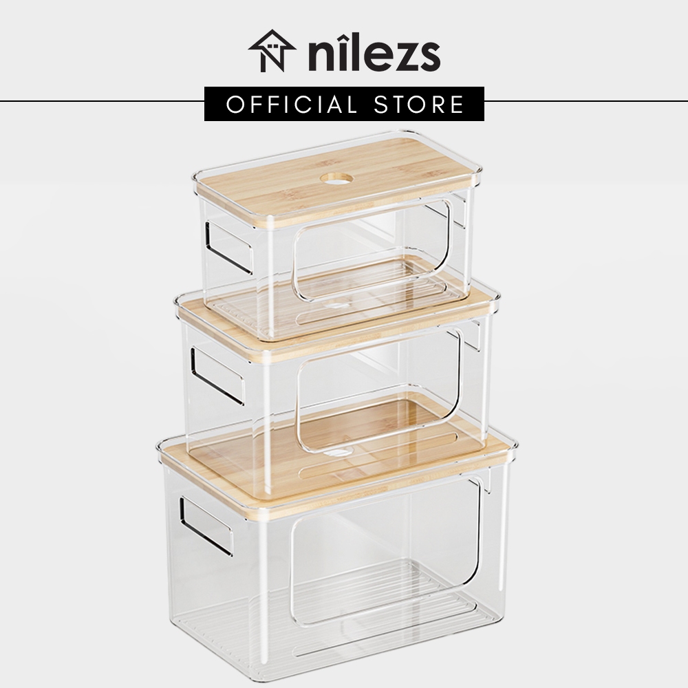 Set of 3 Clear Stackable Storage Container with Bamboo Lid, Front Open ...