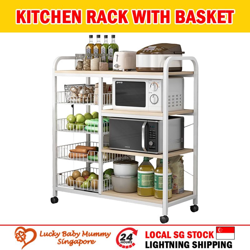Kitchen Rack with Basket Multi-purpose Trolley Vegetable Fruits Storage ...