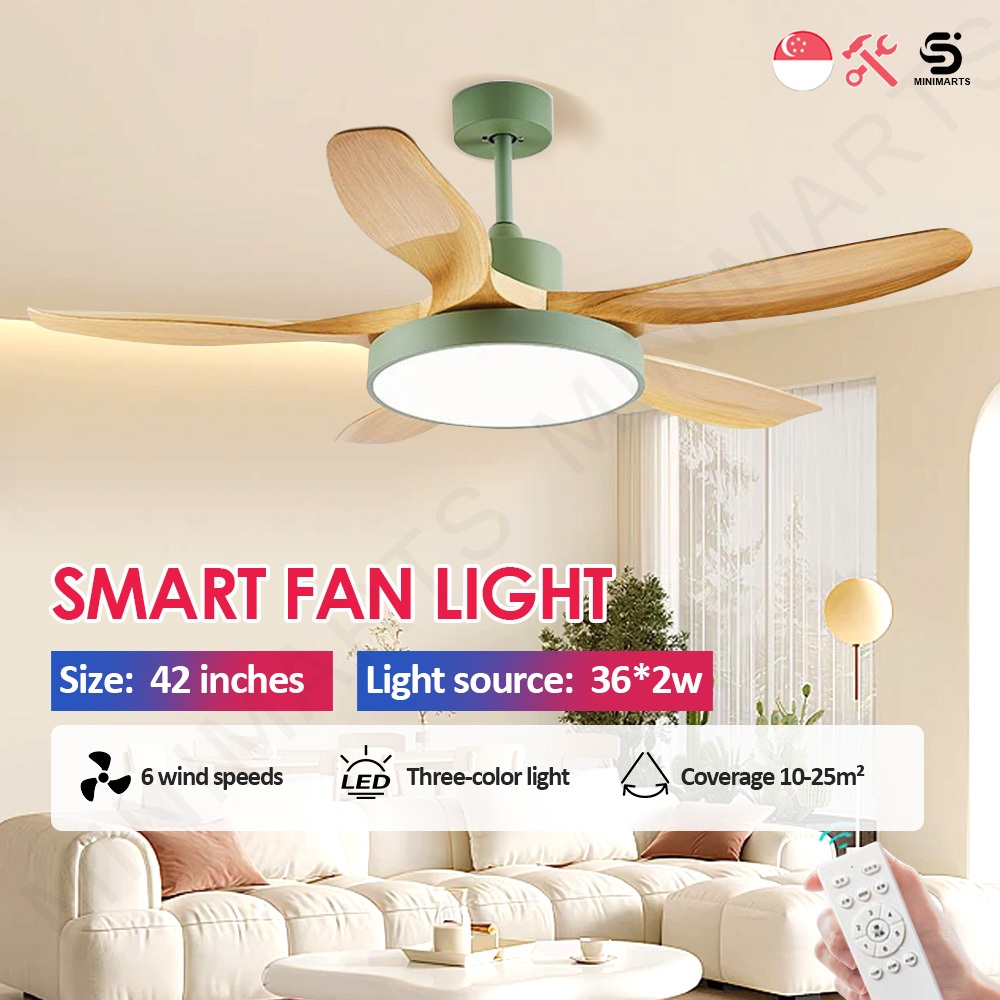 Fans Ceiling Fan with Light 3 Colors 6-speed Wind Speed Green Wood ...