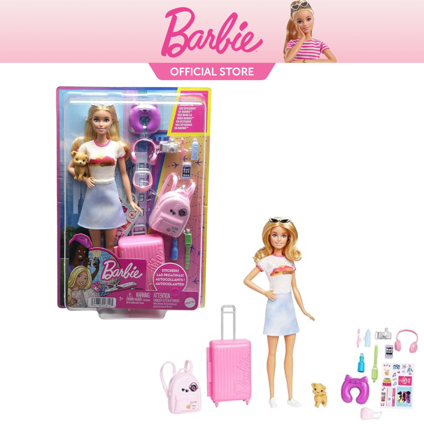 Barbie Doll and Accessories Malibu Travel Set with Puppy and 10 Pieces Including Working Suitcase Shopee Singapore