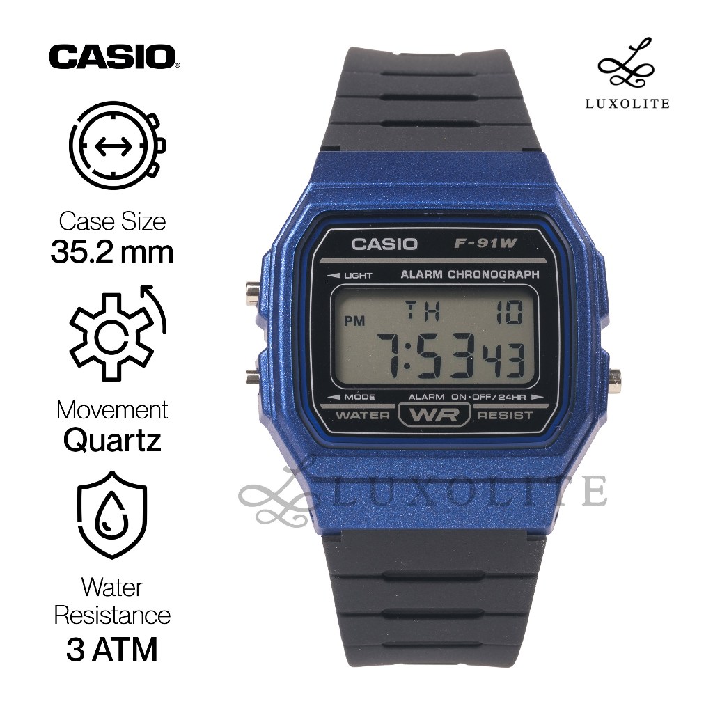 [Luxolite] Casio Standard F-91WM-2ADF Digital Black Resin Band Kids ...