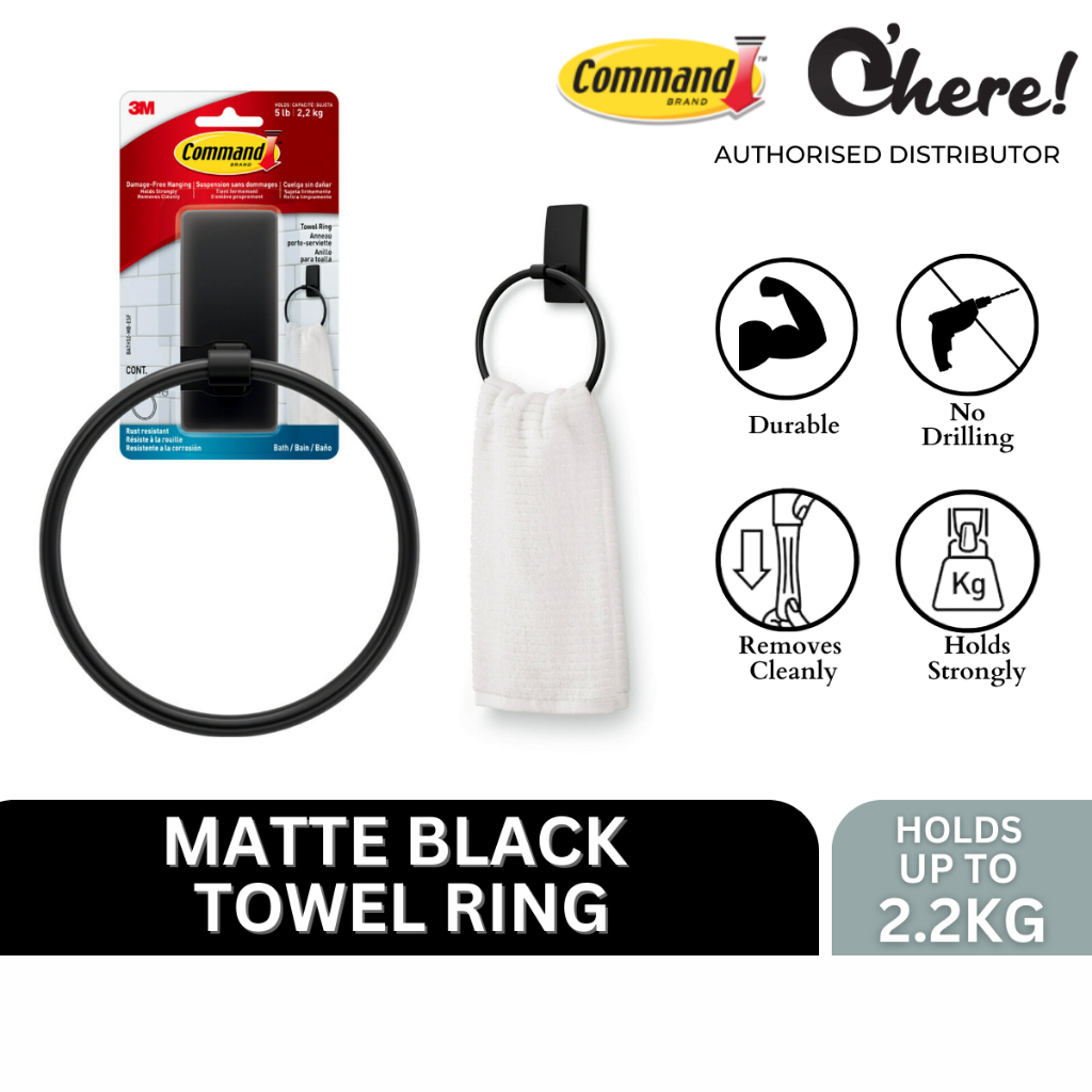 3M Command Bath Matte Black Towel Ring, Towel Ring, Strips