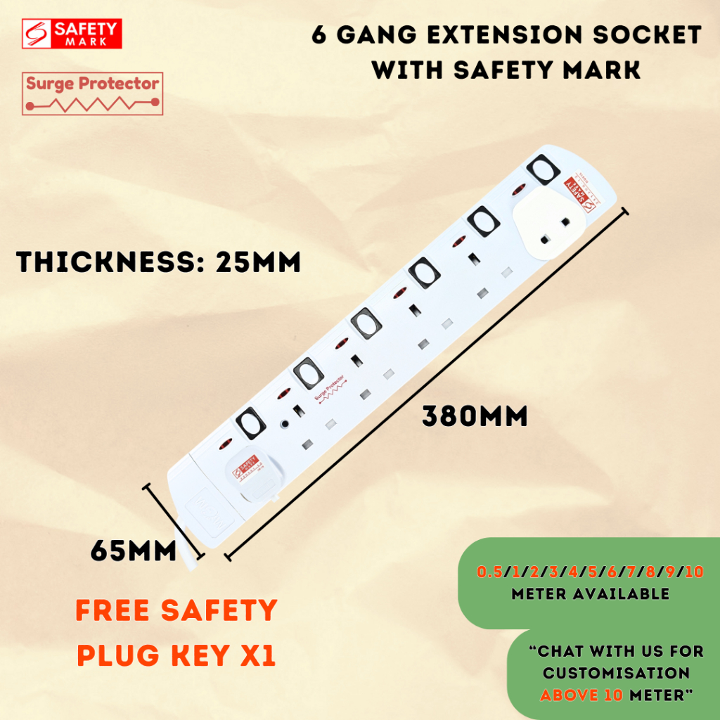 [1Year Warranty][Free Safety Plug Key] 2/3/4/5/6 Gang Extension Socket ...